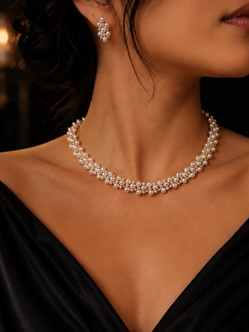 Pearl & Crystal Cluster Necklace and Earrings Set – Elegant Gold Tone